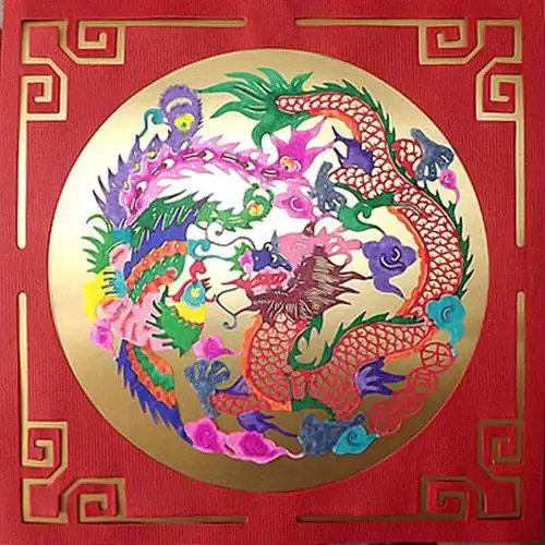 厂家直销 蔚县剪纸 出国留学外事 彩色【龙凤呈祥】已装裱