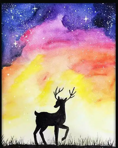 水彩画星空鹿渲染