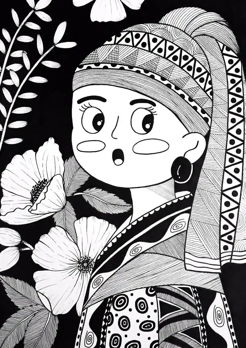 黑白装饰画|名画转线描《戴珍珠耳环的少女》 画笔:樱花针管笔0.