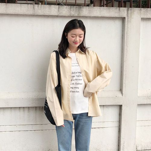 百思朵chic奶茶色衬衫女长袖温柔衬衣百搭冷色系上衣宽松纯棉外套