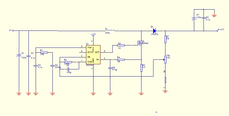 boost升压电路,要求输入5v,输出6v~12v,现设计电路图如下,但是经实验