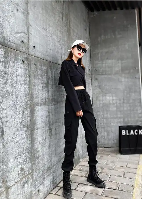 女生工装裤女夏季薄款码女酷黑色裤子帅气高腰显瘦休闲裤春束脚运动裤