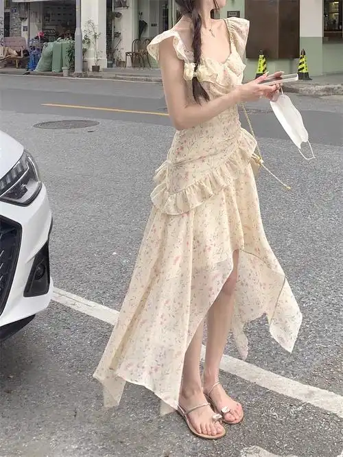 pphome气质满格~甜美飞袖碎花吊带连衣裙女设计感度假风仙女长… - 17