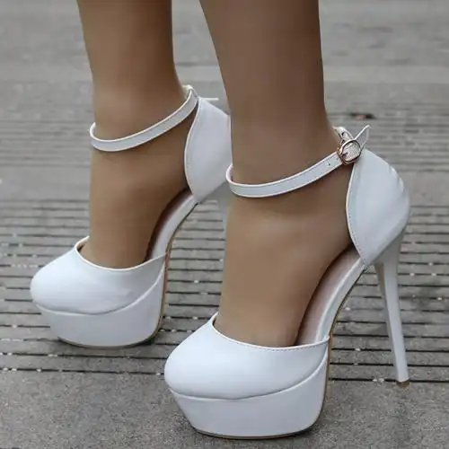 14厘米防水台高跟鞋 细跟圆头高跟凉鞋 白色高跟婚鞋外贸大码女鞋