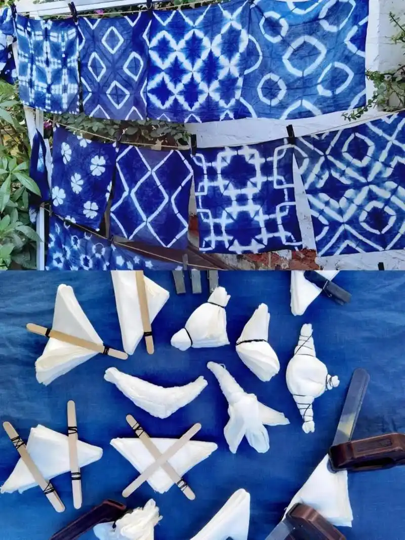 把布折叠成三角形 利用不同的工具可以扎染出各种不同的图案 用到的