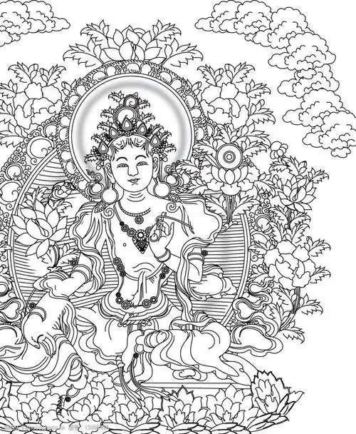 唐卡绿度母线勾图黑白图图片