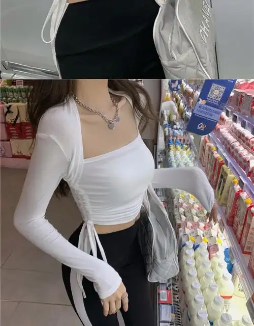 小众设计感斜肩长袖t恤女春秋性感外穿紧身露腰内搭短款打底上衣 - 17