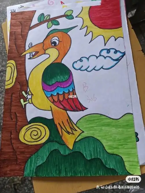 儿童画临摹啄木鸟