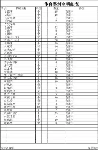 体育器材室明细记录表