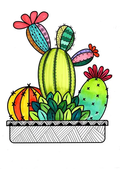 儿童画  #线描  #创意线描  #仙人掌  #彩色线描