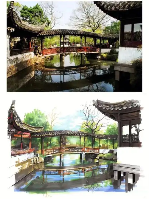 手绘实景转译园林篇苏州拙政园小飞虹