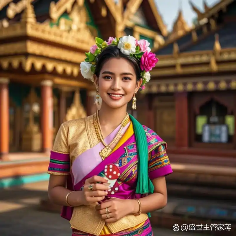 缅甸传统建筑下,身着缅甸传统服饰的女子手持色子,花环点缀的笑颜如花
