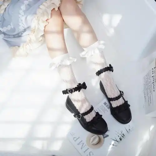 日系浪漫绸缎褶皱蕾丝蕾丝花花边太阳花少女洛丽塔短袜