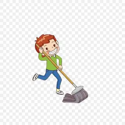 小男孩开心拖地板
