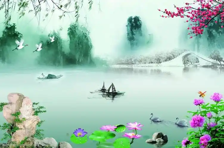 春色古风中国风山水背景墙 春色 荷塘 荷花 梅花 柳树 白鹤 背景 壁纸