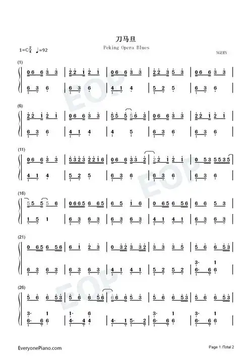 刀马旦c调简单版双手简谱预览1