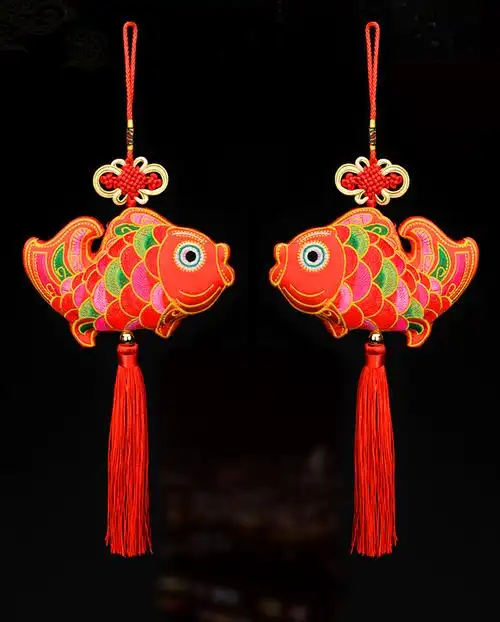 鱼挂件年中国结挂件刺绣双鱼挂饰春节客厅玄关房乔迁装饰大号黄色单鱼