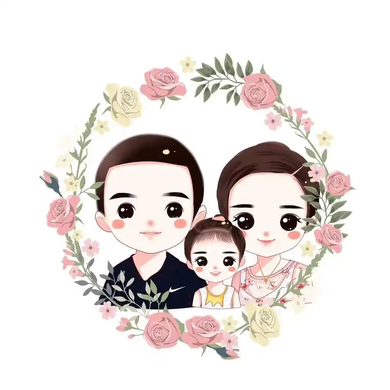 有爱的一家三口,四口手绘头像