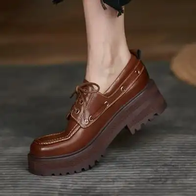 小皮真皮厚底系带英伦风擦色鞋女坡跟松糕底圆头复古单鞋