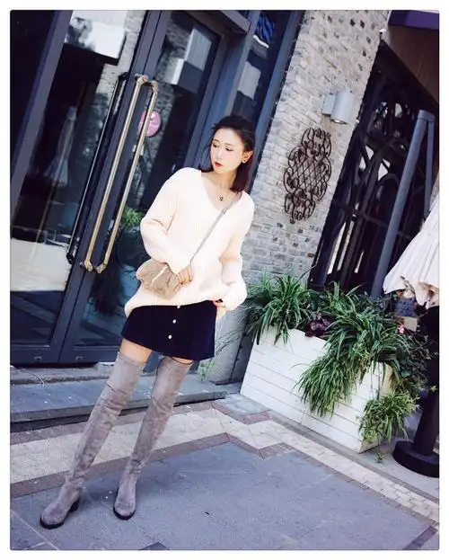 inking pot弹力真皮绒瘦腿系带过膝靴圆头中跟长靴子女式长靴