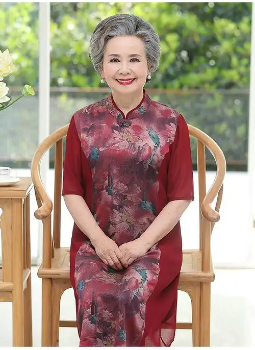 人夏装女过膝70岁80奶奶中长款裙子老太太连衣裙蓝色xl建议80110斤