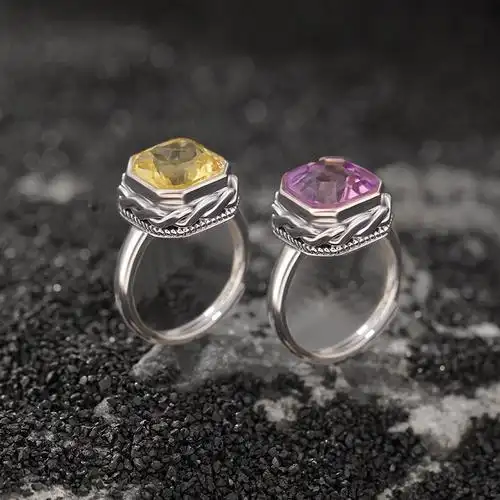 壹鹿银s925纯银紫水晶黄水晶复古轻奢几何方形戒指时尚切面银指环