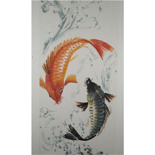 纯手绘国画鱼双鱼图鲤鱼卡纸无框尺寸33×66cm客厅玄关卧室装饰画