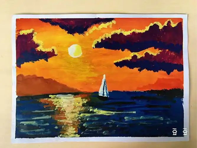 水粉画夕阳《晚霞》材料:水粉水彩画日落,水彩初学者临摹图片,星空