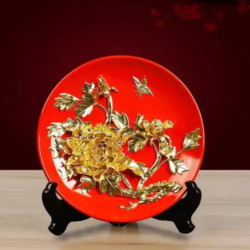 牡丹花挂盘子摆件漆线雕客厅家居装饰现代简约结婚礼物工艺品摆设