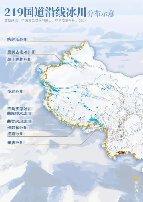 ▼(219国道沿线冰川分布示意,制图@陈志浩/星球研究所;底图摄影师@山