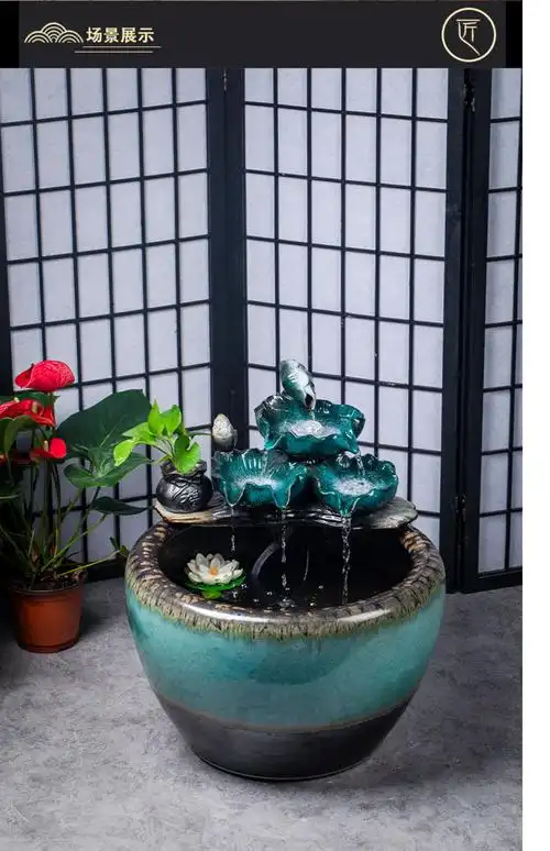 景德镇中式陶瓷金鱼缸家用圆形循环流水养鱼盆客厅阳台鱼缸造景 招财