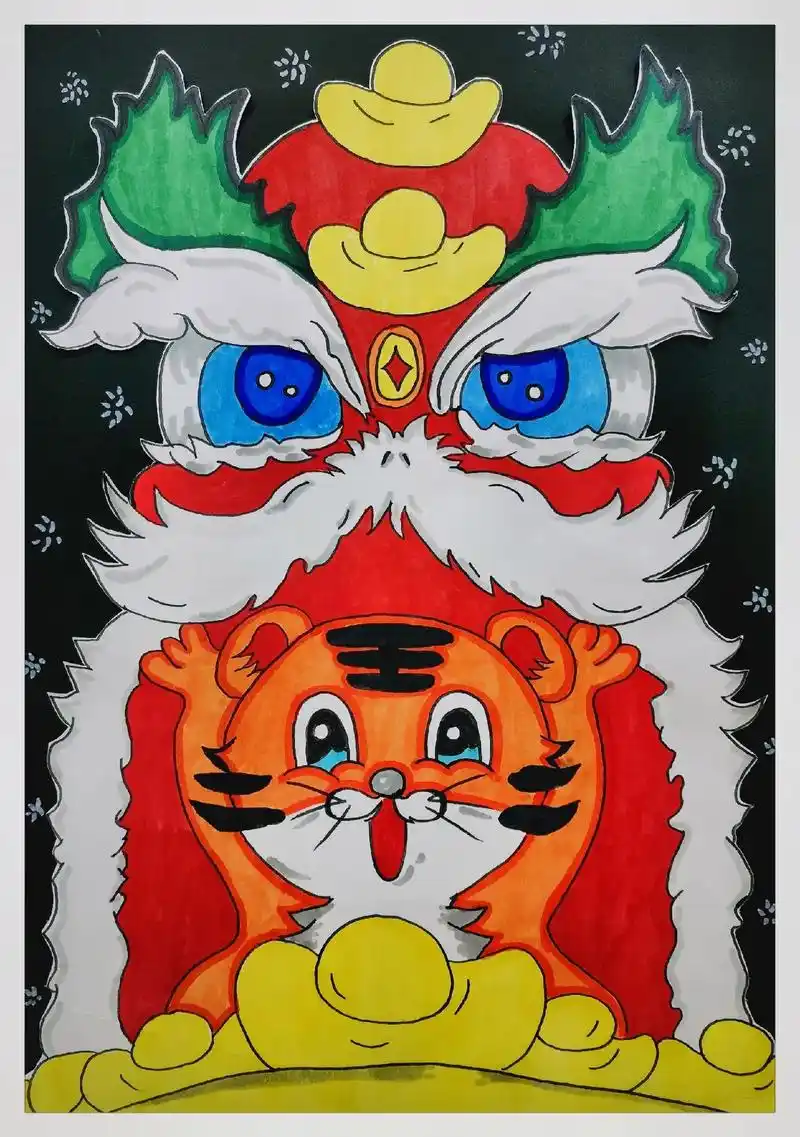 创意美术 #舞狮 #中国风 #线稿 #画画 - 抖音