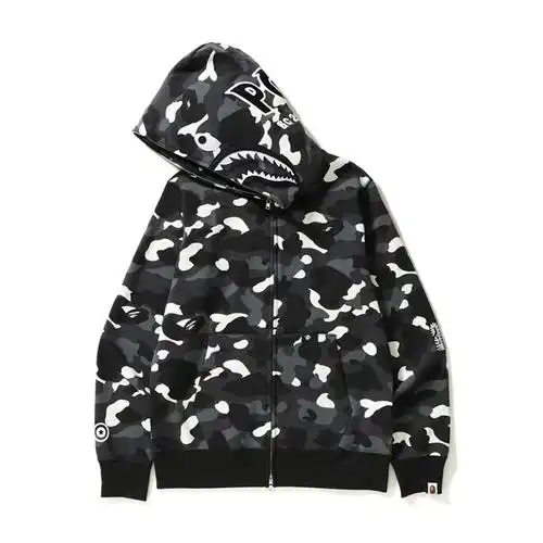 aape【品牌特价】bape夜光迷彩鲨鱼头卫衣外套男女情侣同款黑白刺绣连