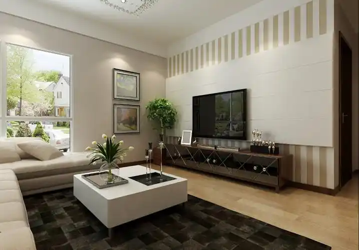 客厅的电视背景墙用暖色的条纹壁纸点缀,白色石膏板做为主背景,给人一