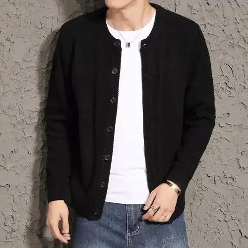 针织衫高品质男士秋冬厚款大码毛衣外套宽松羊毛衫男开衫拼接