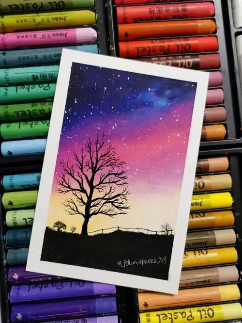 油画棒星空树速涂风景画附步骤