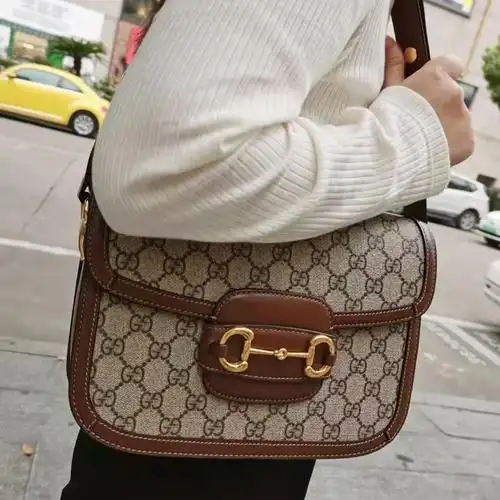 二手99新gucci古驰马鞍包1955小号老花logo帆布拼皮单肩斜挎包尺寸