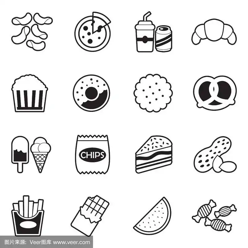 零食图标.线条与填充设计.矢量插图.