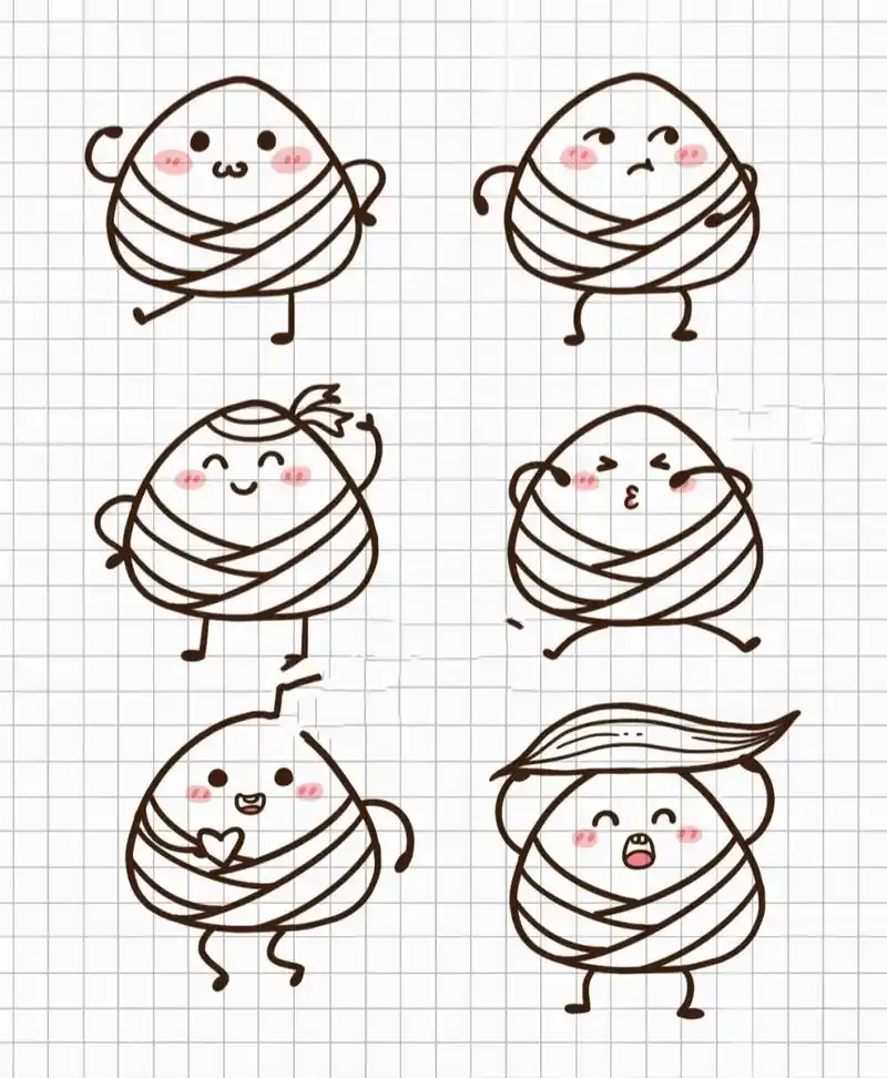 简笔画|端午节小粽子可爱表情包手帐素材 零基础绘画|简笔画教程|黑白