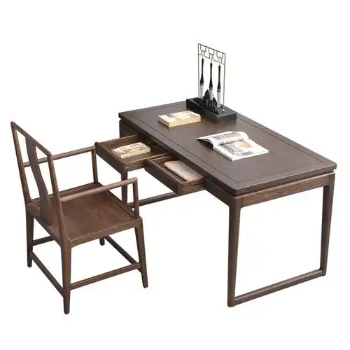 新中式实木书桌家用黑胡桃木书法桌轻奢办公桌书房家具套装组合