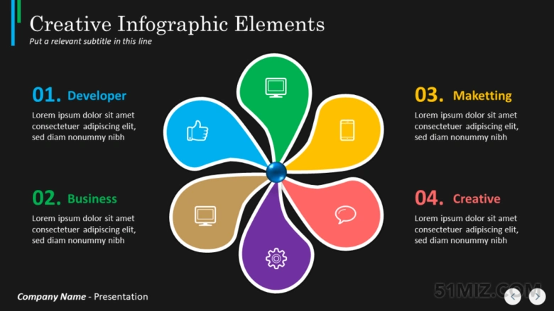 黑色169宽屏立体炫彩花瓣6项ppt分支模板