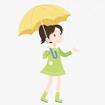 卡通风格雨水撑伞女孩aipng打黄色雨伞小女孩看着小花微笑手绘图psd