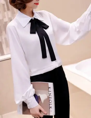 雪纺白衬衫女士长袖2018春夏季大码宽松韩范蝴蝶领结职业正装上衣