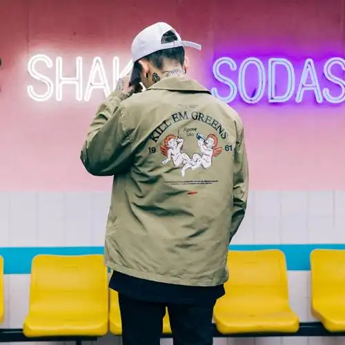 unique 原创潮牌 个性简约字母印花外套军事风翻领工装放风夹克男