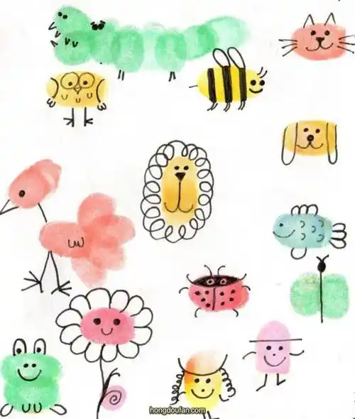 12张有趣简单的指纹画狮子浣熊小狗爸爸妈妈一家人蝴蝶蜜蜂