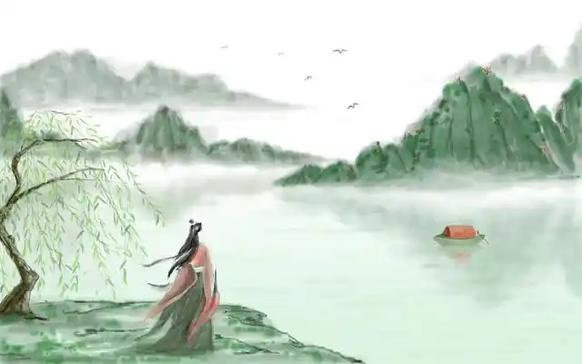 古风水墨水彩古人清明节踏青山水插画