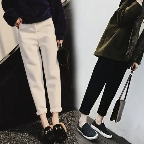 以纯a21正品冬米色毛呢裤子女加绒加厚小脚直筒萝卜裤九分哈伦裤