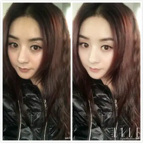 赵丽颖近日在微博上晒了两张滤镜前后自拍的对比照