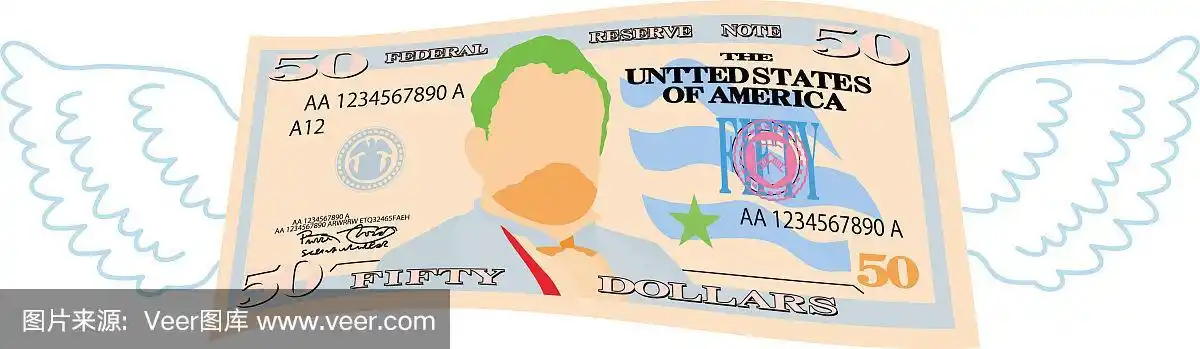 彩色羽毛变形的50美元纸币
