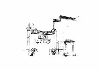 中国徽州古镇 宏村古宅民居建筑 手绘画 水乡 线稿矢量